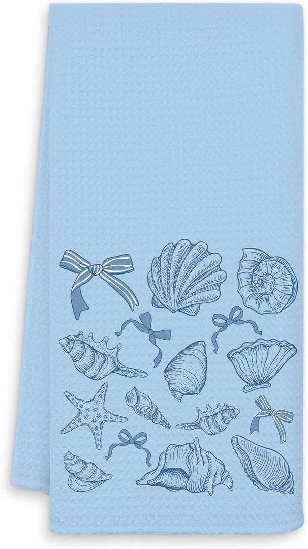 Coquette Blue Bow Beach Kitchen Towels, Coastal Nautical Dish Tea Towels for Kitchen Decor, Blue Preppy Seashell Starfish Beach Decorative Hand Towels for Bathroom, 16x24 Inch