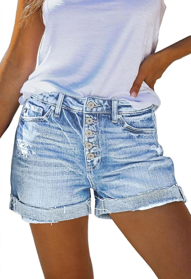 Pink Queen Women's High Waisted Denim Shorts Casual Ripped Summer Hot Short Jeans Frayed Distressed Jeans Shorts with Pockets (Large, B - Light Blue)