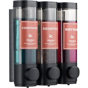 Shampoo and Conditioner Dispenser Wall Mounted Shower Soap Dispenser No Drill Shampoo Dispenser for Shower 3 Chamber Bathroom Body Wash Shower Gel Holder Black