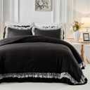 Joyreap Queen Size Comforter Set Black, 3pcs Lace Ruffled Bedding Comforter Set, Microfiber Vintage Boho Chic Bedding Set for All Season- 88x88 inches