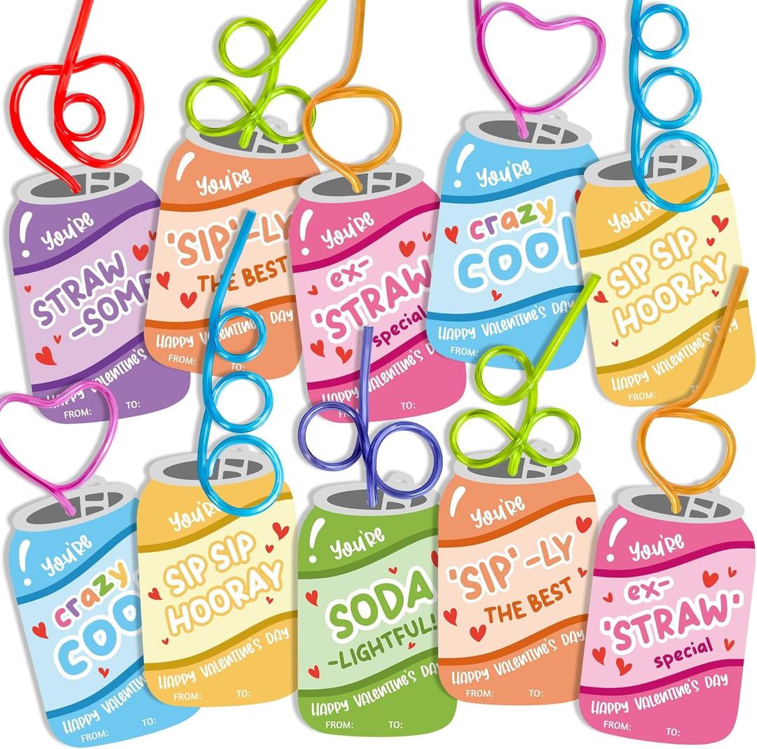 Valentines Day Cards for Kids School - 30 Pack Valentines Straws for Class And Valentine Day Gifts for Kids Classroom Preschool, Party Favors for Boys for Kid And Crazy Valentine Straws & Girls