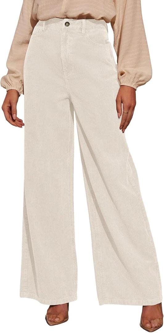 Sidefeel Women's Corduroy Pants Casual High Waisted Baggy Wide Leg Elastic Waist Loose Trousers with Pockets (Apricot), Small