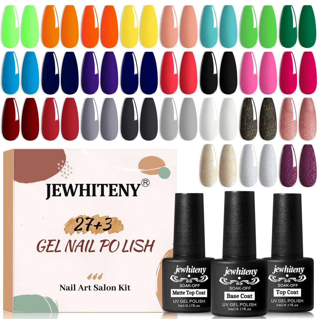 JEWHITENY 30pcs Gel Nail Polish Kit With 27 Colors + Matte Top Coat, Base Coat And Top Coat Polish Set For Manicure Nail Art Salon/Home Starter
