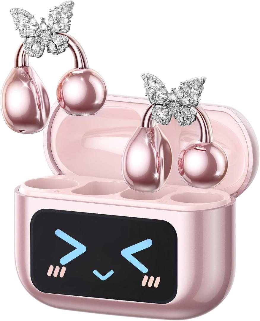 PAXA Stylish Open Ear Clip On Earbuds with Removable Butterfly Earring, Clip On Headphones with LCD Touch Screen, Fashionables Open Ear Headphones for Women, Butterfly Earring Rose Gold Earbuds