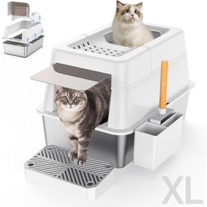 Stainless Steel Litter Box with Lid, XL Extra Large Enclosed Cat Litter Box Fits All Cats Modular Design with Flip Cover, Top Entry Metal High Sided Cat Box & Pedal & Scoop (White)