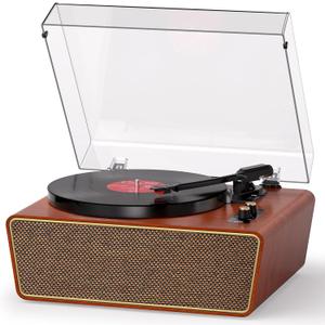 All-in-One Bluetooth Record Player with 4 Built-in Speakers, 3-Speed Belt-Drive Turntable (33/45/78 RPM), RCA Out, Headphone Jack, PC Recording, Auto Stop, Mahogany Wood