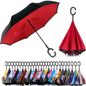 SIEPASA Inverted Reverse Upside Down Umbrella, Extra Large Double Canopy Vented Windproof Waterproof Stick Golf Umbrellas with C-shape Handle.(Red, 56 Inch)