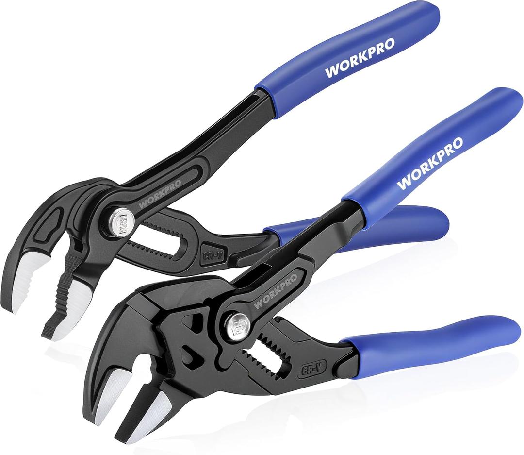 WORKPRO 2-Piece 7-Inch Pliers Wrench & Groove Joint Pliers Set, Quick Adjustment, CR-V Steel, Smooth Jaw & V-Jaw, Upgraded Wide Opening, Soft Grip - for Plumbing, Pipe Fittings, Household Repairs