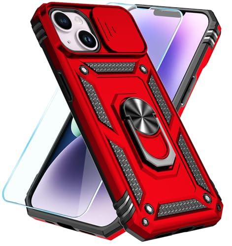 SunStory Compatible with iPhone 14 Plus Case with HD Screen Protector & Slide Camera Cover & Rotated Ring Kickstand, [Military-Grade] Phone Case for iPhone 14 Plus (Red)