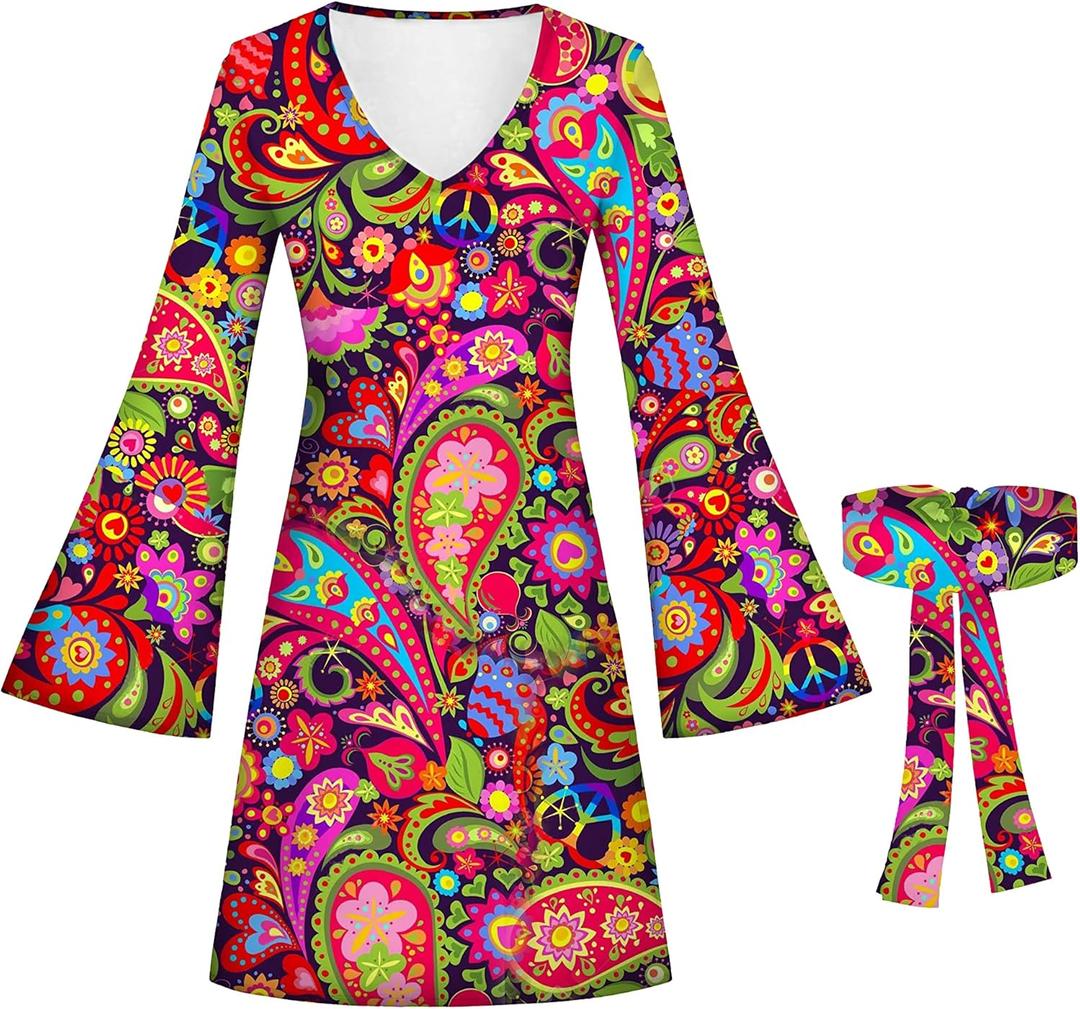 Women Hippie Outfits 70s Vintage Dress With Headband Costume for Party Hallowen (3XL, B02)