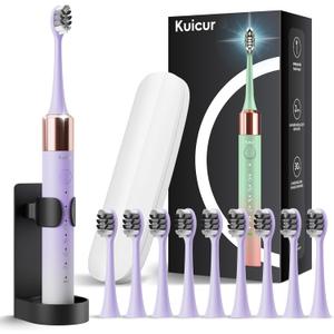 Sonic Electric Toothbrush for Adults & Kids, Rechargeable Electric Toothbrush with 10 Brush Heads & Travel Case, Teeth Whitening, Holder, Charge for 120 Days - Purple