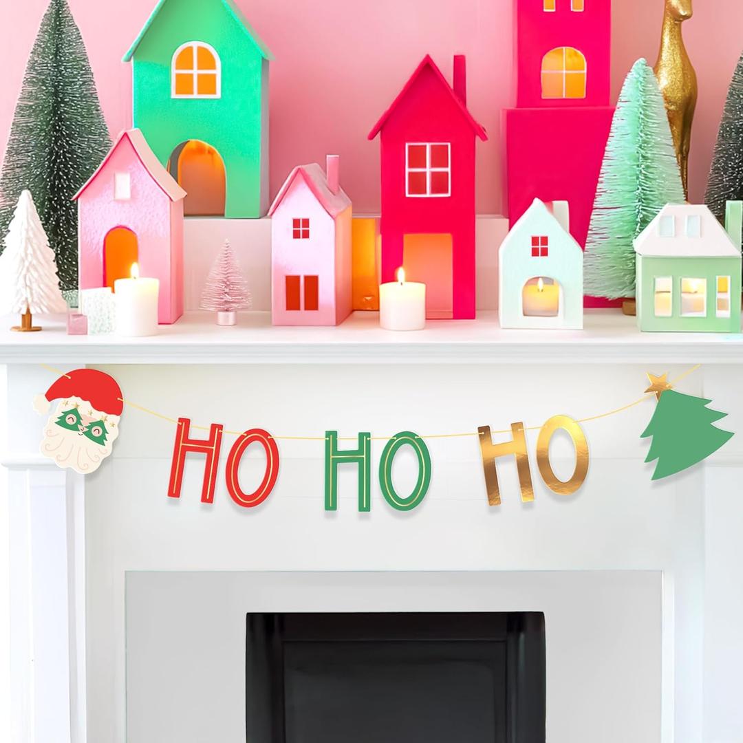 3 x HOUSE OF PARTY Christmas Banner - "HO HO HO" Christmas Sign, Festive Santa Claus & Christmas Tree Garland for Holiday Decorations, Xmas Party Office Supplies for Mantel & Wall Decor, Reusable (Style 1)