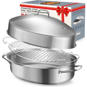 Large Roasting Pan with Rack and Lid, Gifts for Mom Women Wife, Stainless Steel Large Oval Roaster, Nonstick Oven Cookware for Turkey Chicken, 21 Inch