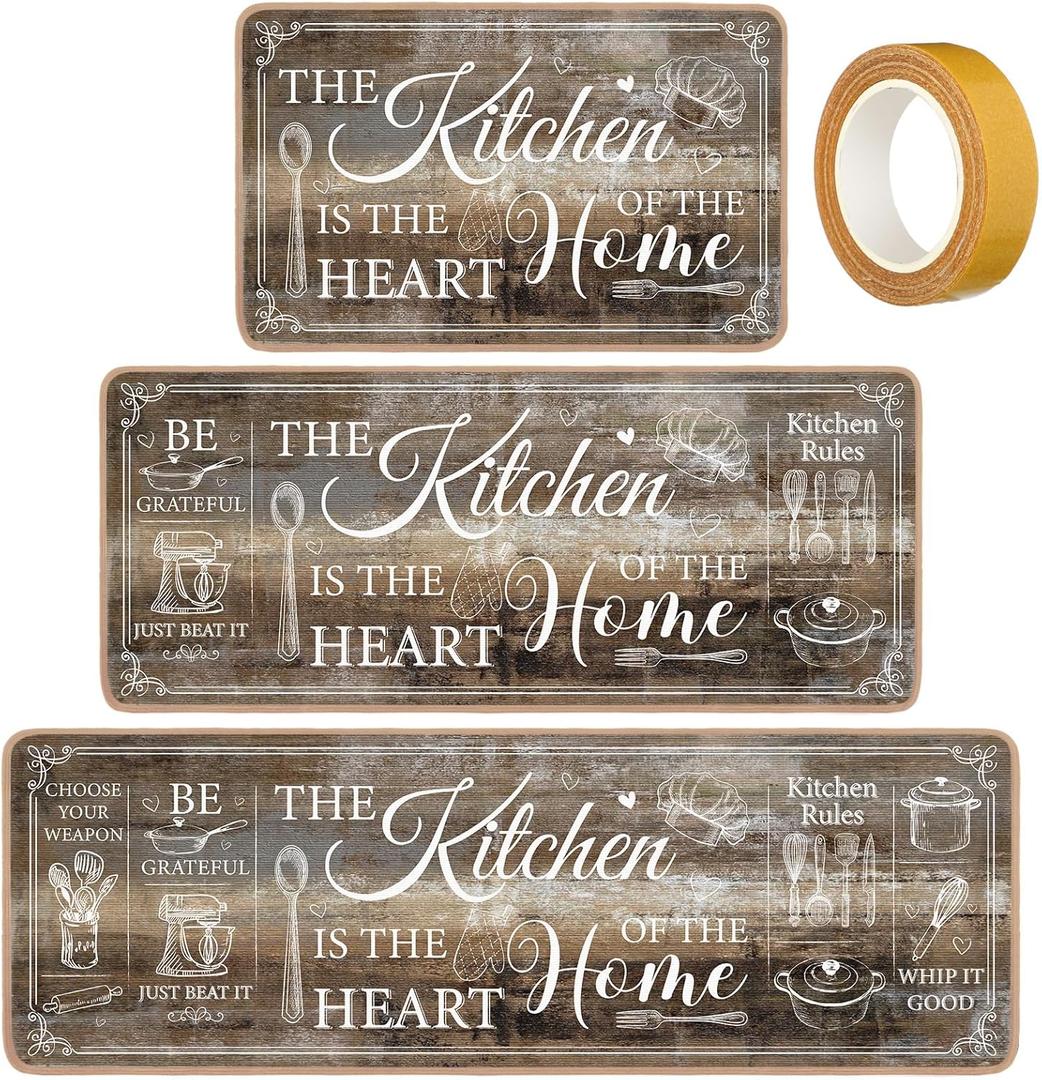 Bencailor 3 Pieces Kitchen Rugs Set Non Slip Washable Kitchen Mats Farmhouse Welcome Door Mat Floor Rugs Absorbent for Home Laundry Living Room and Hallway,3 Sizes(Brown)