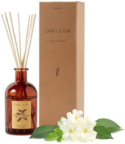 Craft & Kin Sage, Orange Blossom & Lotus Reed Diffuser | All Natural Essential Oil & 8 Rattan Scent Sticks | Reed Diffusers for Home, Bathroom | Long Lasting Home Fragrance in Amber Glass, 5.75oz