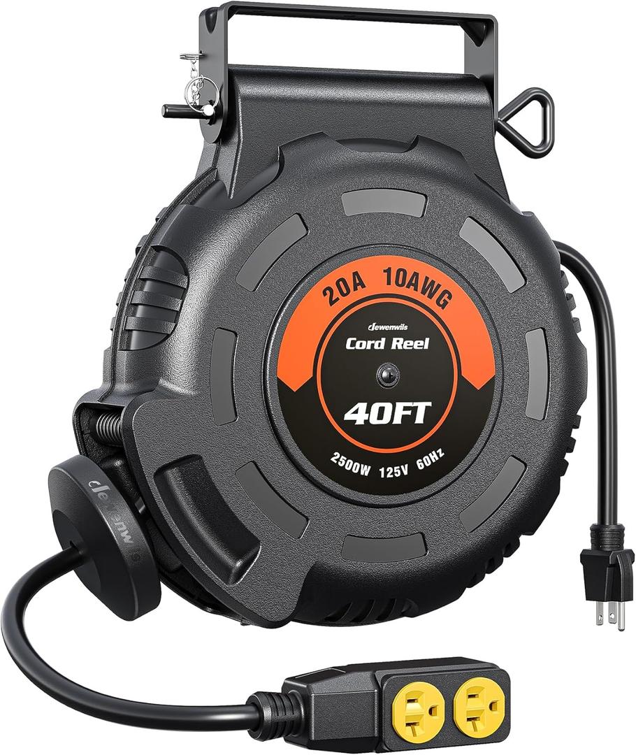 DEWENWILS Retractable Extension Cord Reel, 40FT 10AWG/3C SJTW Heavy Duty Power Cord, 4 Grounded Outlets, 20 Amp Circuit Breaker, 2500W, 180 Swivel Bracket for Ceiling/Wall Mount, ETL Listed