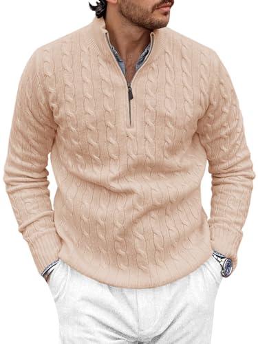 Runcati Mens Quarter-Zip Pullover Sweater Cable Knitted Stand Collar Winter Casual Warm Twisted Knitwear Sweaters , M, Beige