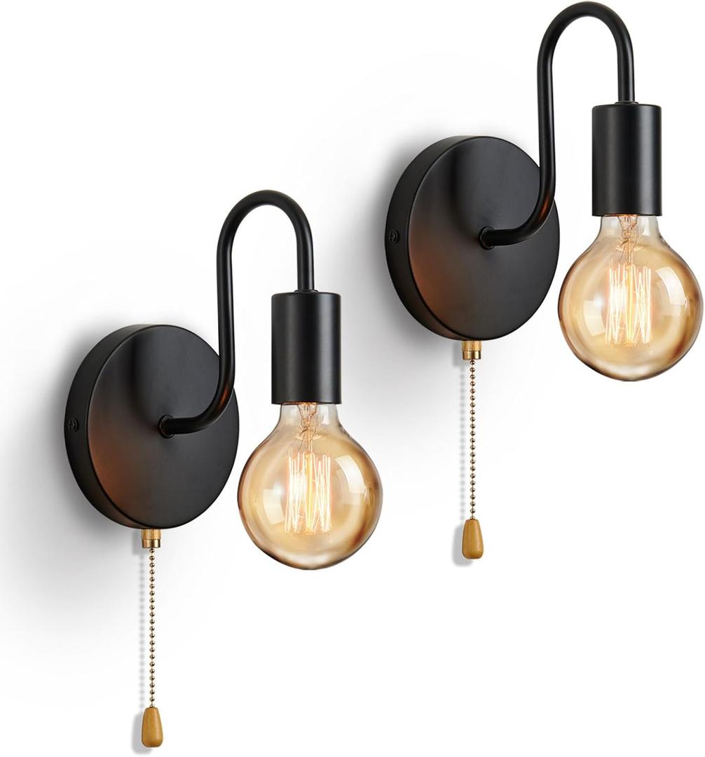 Vintage Pull Chain Wall Lights Set of Two, with Switch Black Wall Sconce E26 Industrial Wall Lamp Retro Wall Lighting Hard Wired Sconces Lighting for Mirror Bedroom Living Room Hallway