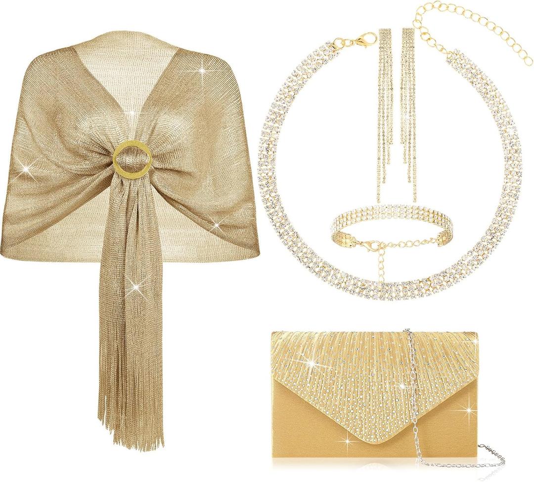 Hicarer 5 Pcs Dressy Jewelry Sets, Shawls and Wraps, Evening Clutch Purse for Homecoming Prom Women Formal Evening Dresses