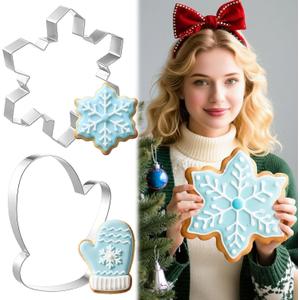 Teenyyou 2 Pcs Extra Large Christmas Cookie Cutters 8" Giant Snowflake and Glove Stainless Steel Cookie Cutters for Winter Holiday Baking (7.48'' X 6.3'', 7.09'' X 7.09'')