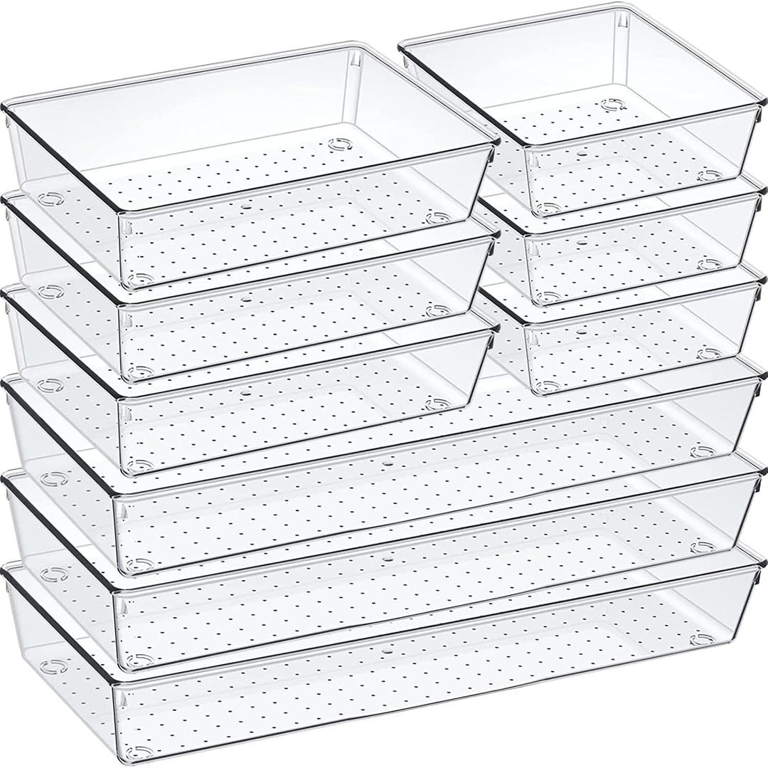 9 Pack Clear Plastic Drawer Organizer Set, Acrylic Non Slip Non Cracking Kitchen Drawer Storage Tray Large Size Divider, Multifunctional Storage for Cosmetics, Bathroom, Tools, Kitchen and Office