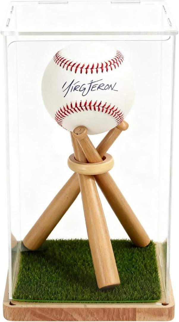 Baseball Display Case with Wood Stand & Grass Pad - Acrylic Collector Box for Signed Baseballs Featuring Bat-Shaped Supports Man Cave Sports Decor