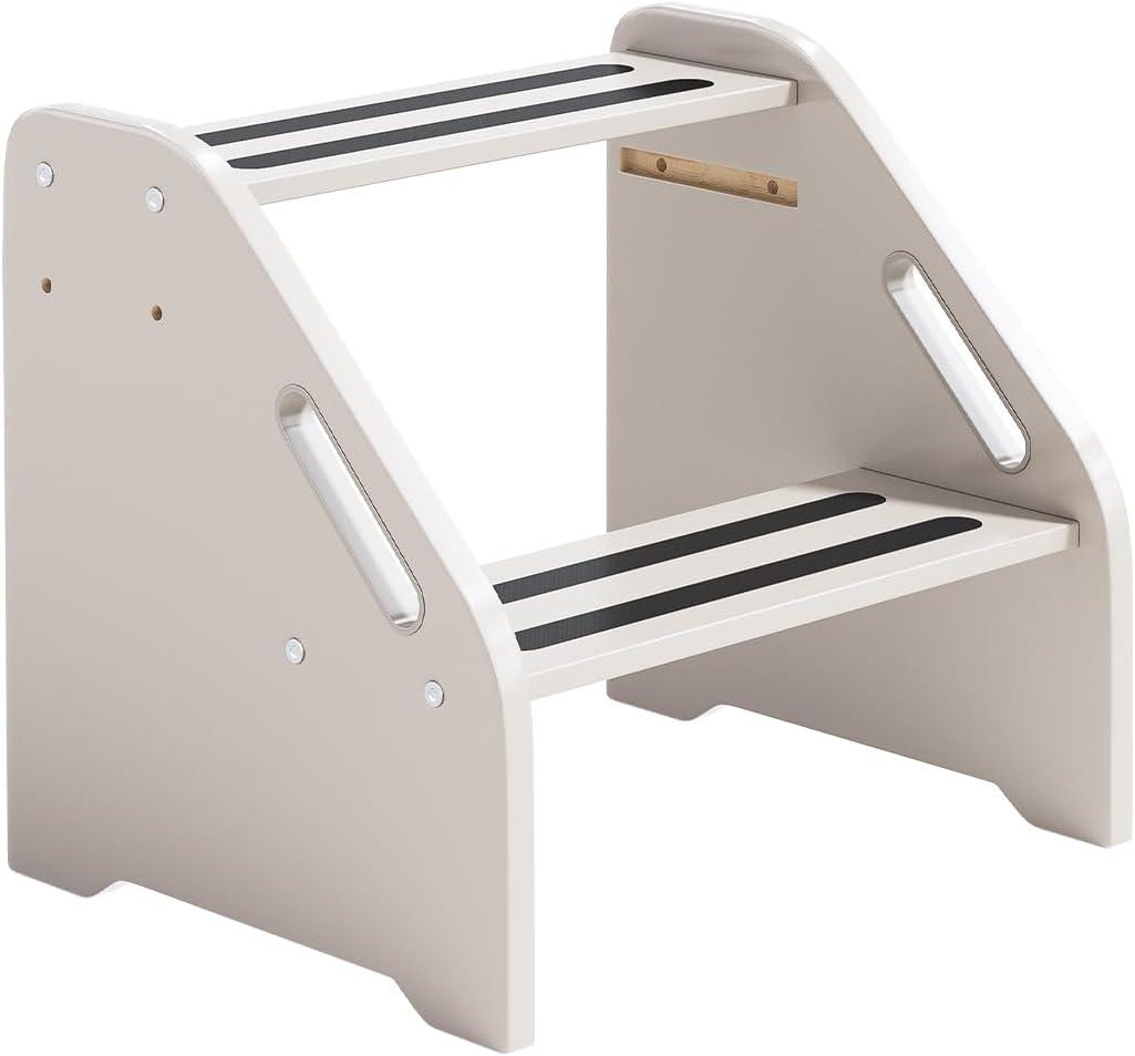 Wooden Toddler Step Stool with Handles, Non-Slip Two-Step Stool for Kids, Height Adjustable, Safe Potty Training Stool for Bathroom, Kitchen, Bedroom