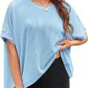 Womens Tops Crewneck Batwing Short Sleeve Shirts Ribbed Striped Casual Tee Women Oversized Loose Fit Trendy T-Shirts (Blue, S)