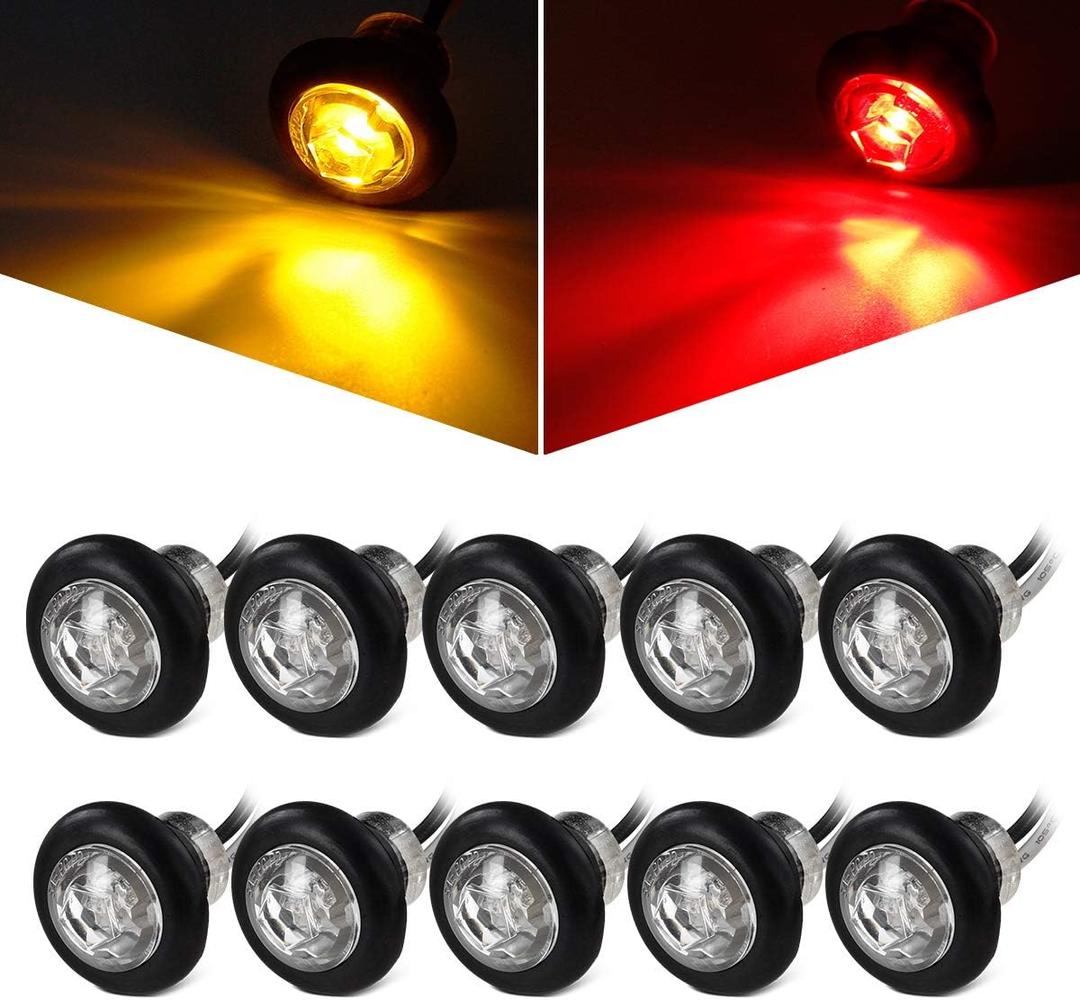 Partsam 10Pcs 3/4" Mini Round LED Marker Lights w Bullet Plugs, Sealed Waterproof Clear Lens 3/4 inch Clearance Lights for Trailer Pickup Trucks Car RV Camper ATV UTV Motorcycle 12V (5Amber + 5Red)