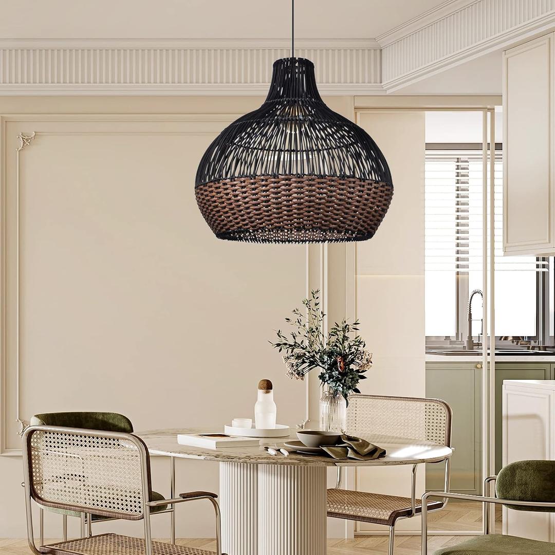 Arturesthome Rattan Pendant Lights, Wicker Chandelier Boho Basket Lighting Fixtures, Natural Woven Hanging Lamp for Kitchen Island Dining Room Black, 15.74"x15.74"