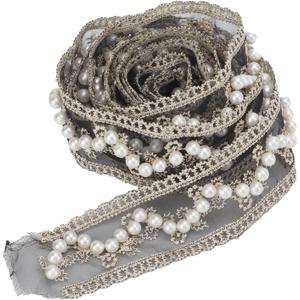 2 Yards Pearls Lace Ribbon, 3.5cm/1.4in Width Faux Pearl Lace Edge Trim Ribbon Soft Black Lace Fabric for Wedding DIY Sewing Gift Wrapping Decoration