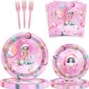 80 Pcs Outer Space Girls Birthday Decorations Astronauts Paper Dinner Plates Napkins Forks Dinnerware for Space Theme Girls Baby Shower 1st 2nd 3rd 4th Bday Party Decorations