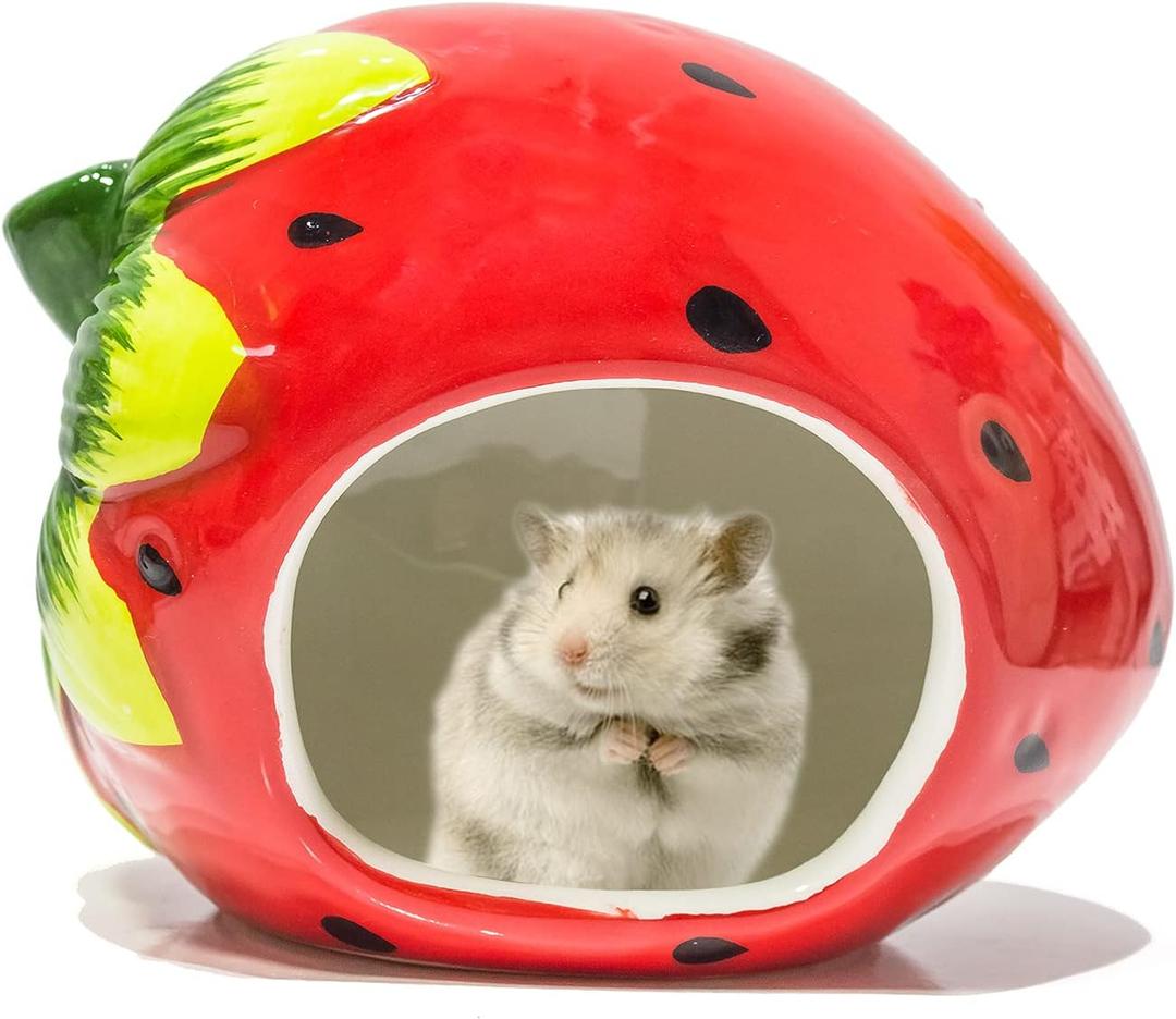 Besimple Hamster Hideout, Small Animal Hideout Ceramic Pet House, Adorable Shape Hamster House Cave Mini Hut Cage Critter Bath House for Chinchilla(Strawberry)