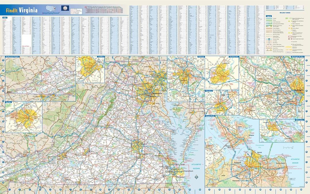 Globe Turner Virginia State Wall Map - 30.75" x 19.25" Laminated Full Color Street & Recreation Map with Coated Paper Finish