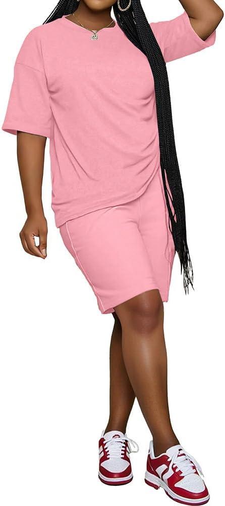 PINSV 2 Piece Sets for Women Summer Casual Short Sleeve Top and Short Workout Jogger Sets Pink XL