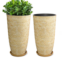 Two QCQHDU 9 Gallon Tall Large planters for Outdoor/Indoor Plants of 12" Dia x 21" H Round Flower Pots Set Faux Stone Finish Front Door Patio Square Porch Planters with Tray, Beige