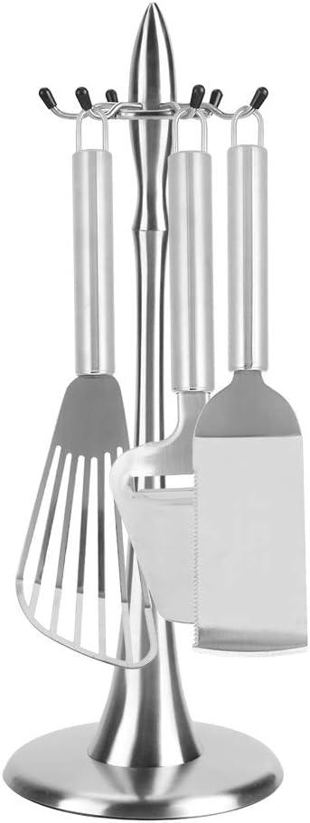 Kitchen Utensil Holder, 17 inch Stainless Steel Kitchen Countertop Utensil Holder with 6 Hooks, Rotating Storage Stand Rack for Spoon, Spatula, Soup Ladle