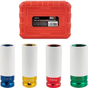 4-Piece 1/2" Drive Wheel Protector Impact Socket Set, Non-Marring Protective Wheel Lug Nut Impact Socket Set, includes sizes 17mm, 19mm, 21mm, and 22mm