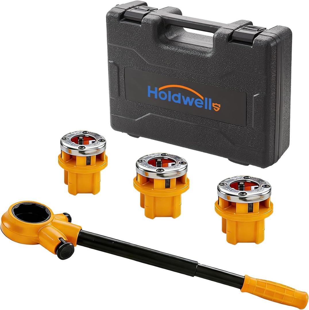 Ratchet Pipe Threader Kit w/ 3 NPT Dies (1/2", 3/4", 1"), Heavy-Duty 9SiCr Steel Threading Tool for Galvanized, Iron, Copper & Aluminum Pipes, Portable with Storage Case
