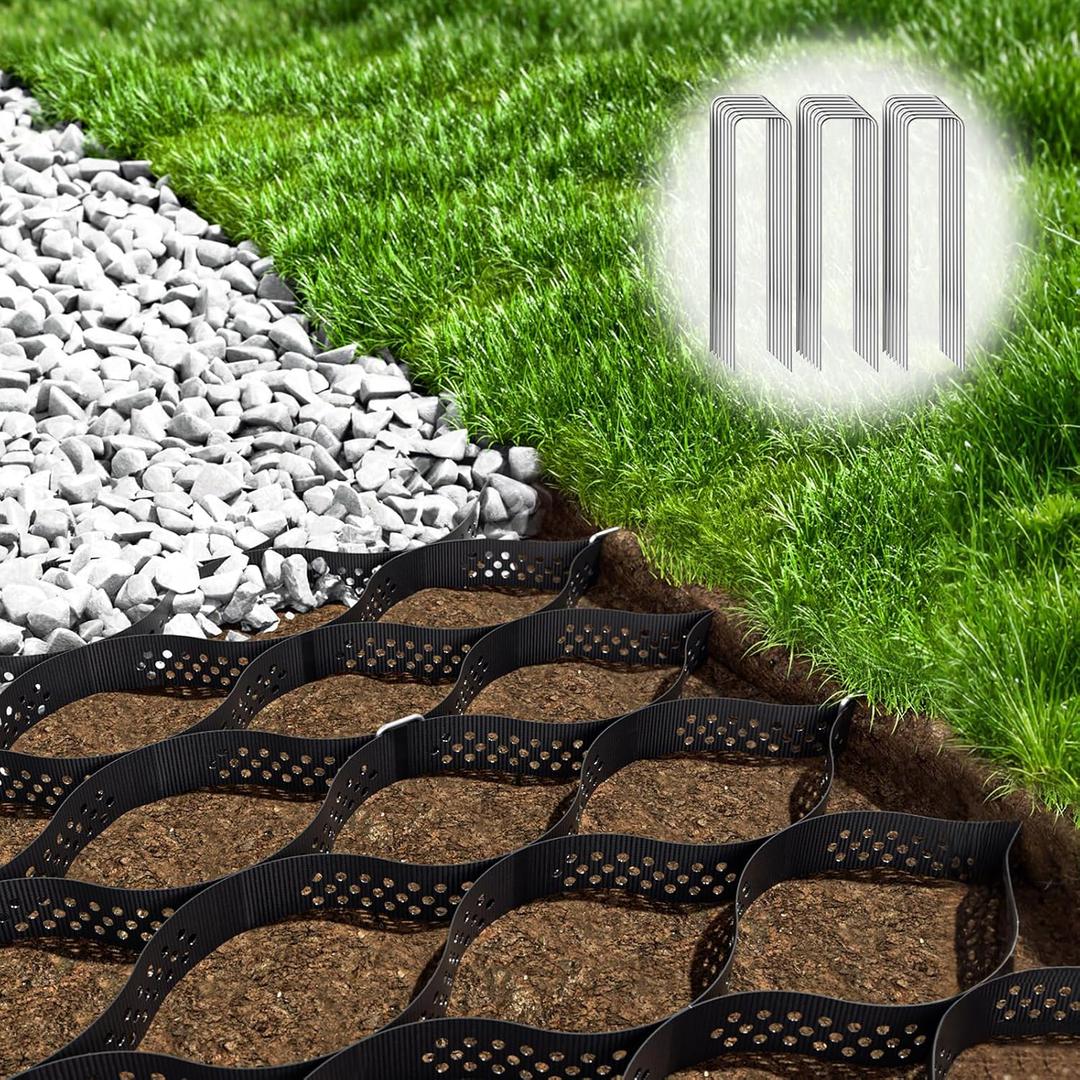 Gravel Grid 8.9x34 FT with 20Pcs Landscape Staples, 2'' Thick Geogrid Ground Grid 2200 lbs per Sq Ft Erosion Control Geo Grid for Driveway, Walkway, Horse Paddock, Patio, Parking Lot, Slope