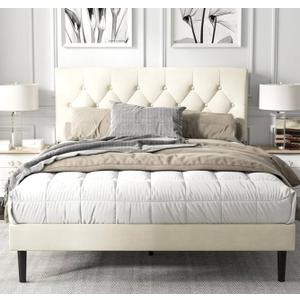 HAOARA Queen Size Platform Bed Frame with Upholstered Button Tufted Headboard, Mattress Foundation with Wooden Slat Support, Noise Free, No Box Spring Needed, Easy Assembly, Beige Velvet