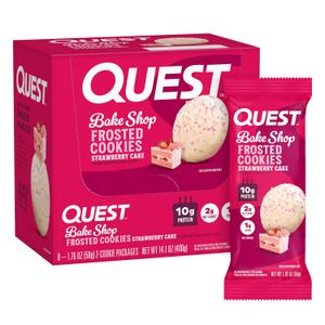 Quest Nutrition Frosted Cookies Twin Pack, Strawberry Cake, 1g Sugar, 10g Protein, 2g Net Carbs, Gluten Free, 16 Cookies (EXP 07/27/26)
