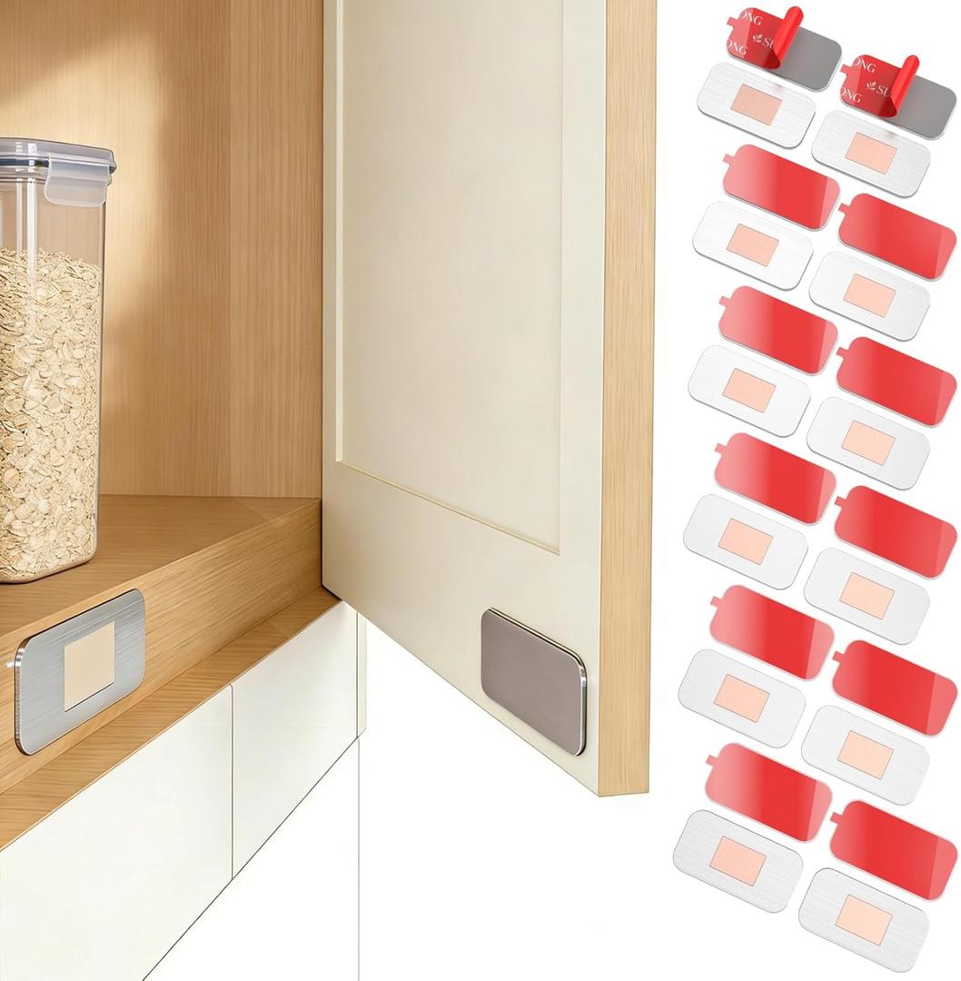 12 Pack Magnetic Cabinet Door Catch, No Drill Ultra Thin Cabinet Magnets for Closure, 15 lbs Strong Hold Adhesive Cabinet Latch with 48 Replacement Strips for Kitchen, Bathroom, RV, Closet