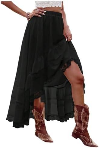 SHENHE Women's Boho Maxi Skirt High Low Asymmetrical Lace Ruffle Hem Flowy Western Skirt, Large