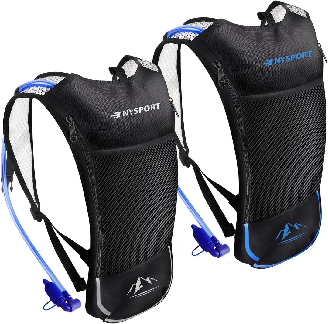 2 Pack Hydration Backpack Pack with 2L Hydration Bladder, TNYSPORT Lightweight Breathable Water Backpack with 3 Layer Pockets, Reinforced Shoulder Straps for Hiking Running Cycling, Blue and Light Gray 