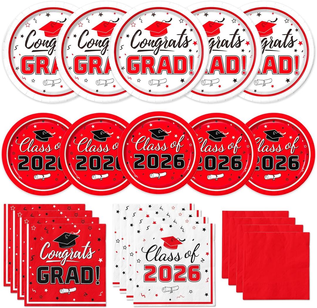 Graduation Party Supplies Kit Serves 50 - Graduation Party Red Class of 2026 Tableware Disposable Dinner Plates Dessert Plates and Napkins for Congrats Grad Party Decorations