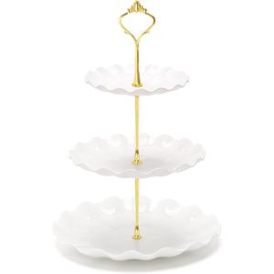 Coitak 3 Tier Cupcake Stand, Plastic Tiered Serving Stand, Dessert Tower Tray for Tea Party, Baby Shower and Wedding (Wavy-Metal Rod)