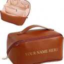 Personalized Makeup Bag for Women - Customized Large Travel Cosmetic Bag with Initial and Name - Premium PU Leather Toiletry Bag with Compartments and Handle for Travel Essentials & Gifts