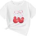 Girls Bow Cherry Shirt Cute Shirts Kids Graphic Tees Aesthetic Funny Tshirts Crewneck Summer Short Sleeve (White, 150 Child)