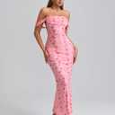 KUTUMAI Off The Shoulder Maxi Long Dress Corset Ruched Bodycon Cocktail Formal Wedding Guest Dresses for Women (Pink, M)
